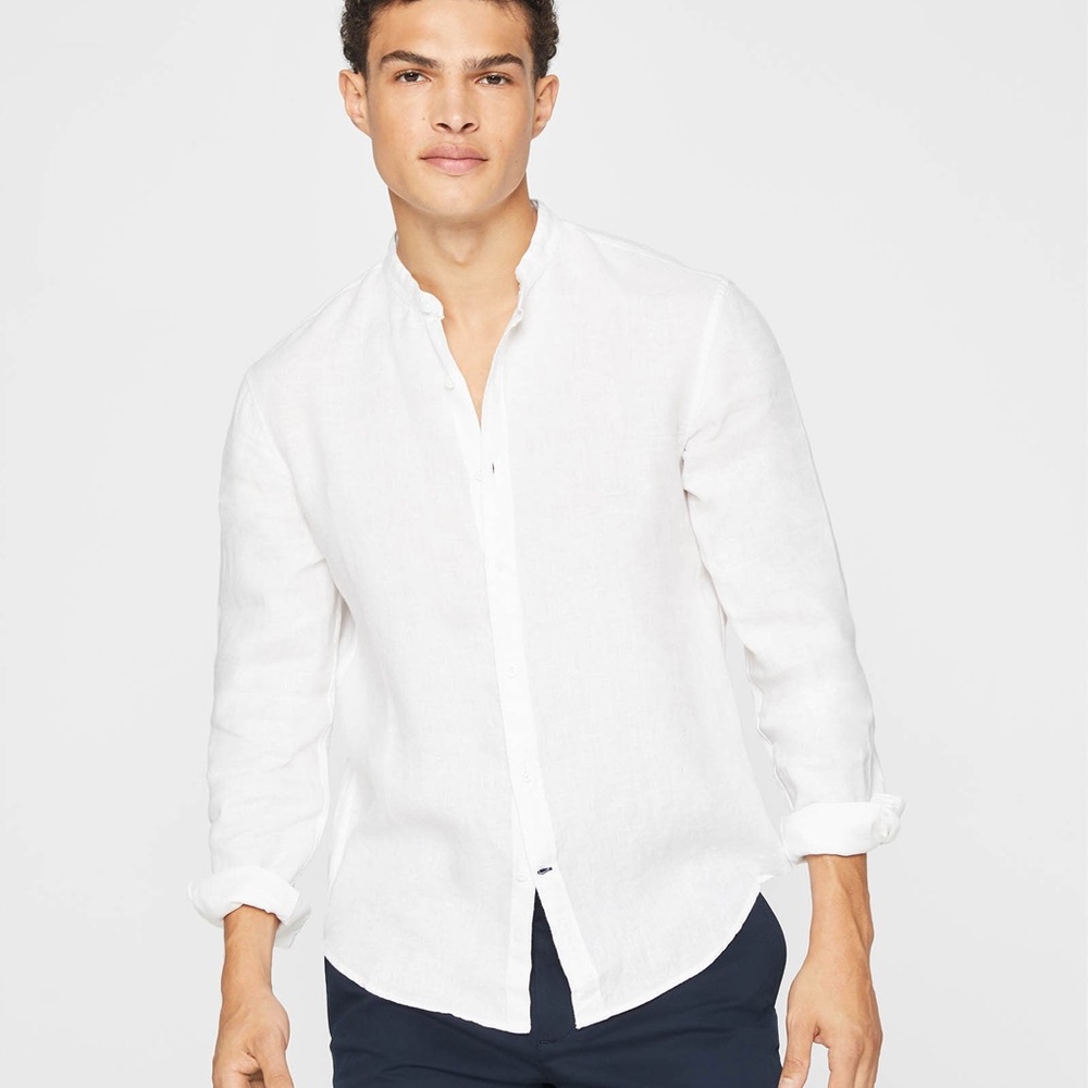 Club Monaco White Linen Band-Collar Shirt